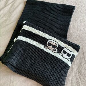 Karl Lagerfeld Black and White Knit Scarf with Cat Design